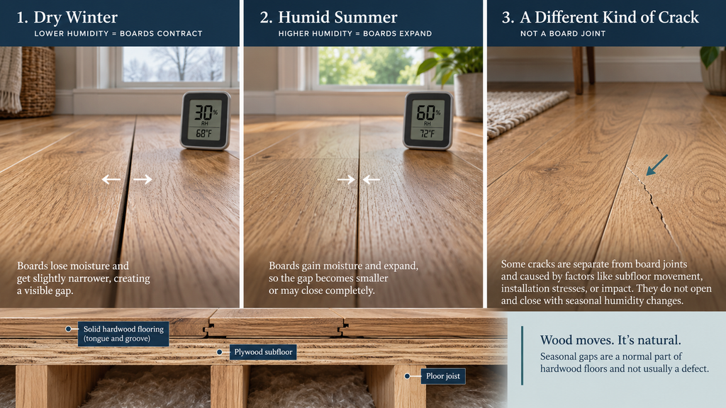 The same wood floor shown in dry and humid conditions, compared with a permanent crack.