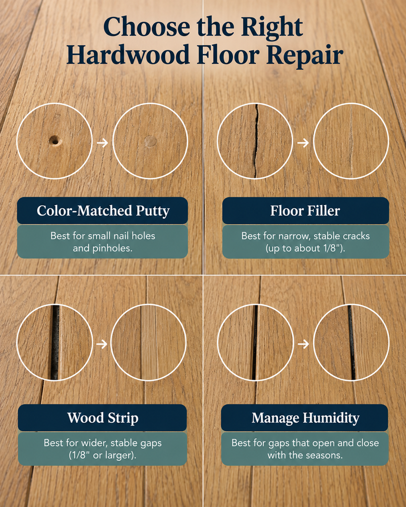 Comparing filler, putty and wood-strip repairs for hardwood floors