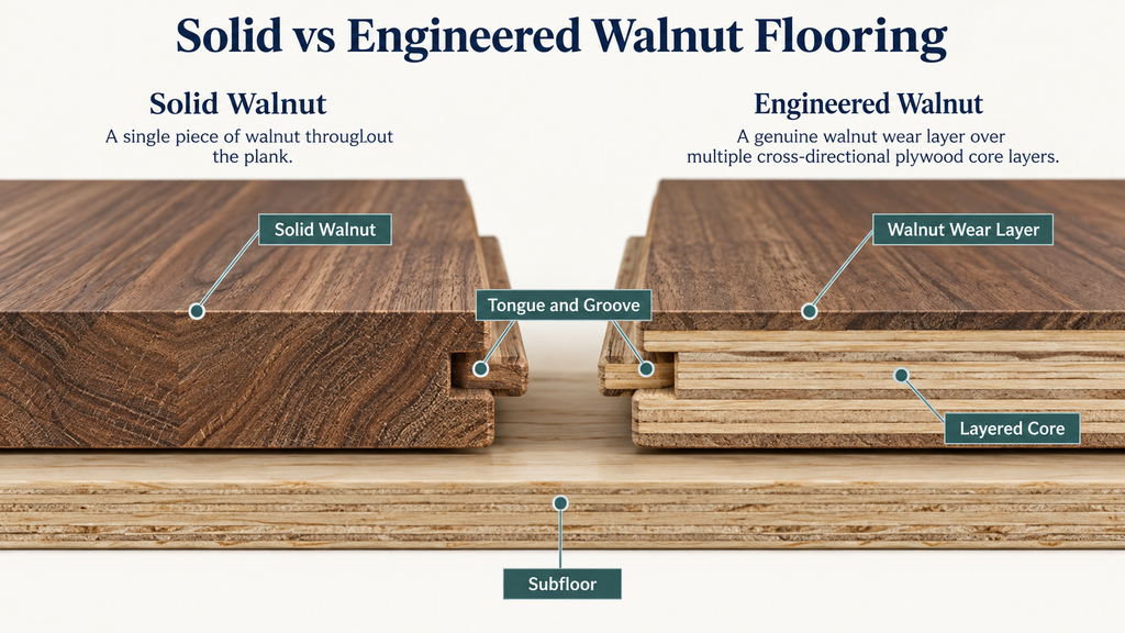 Solid and engineered walnut hardwood flooring construction compared