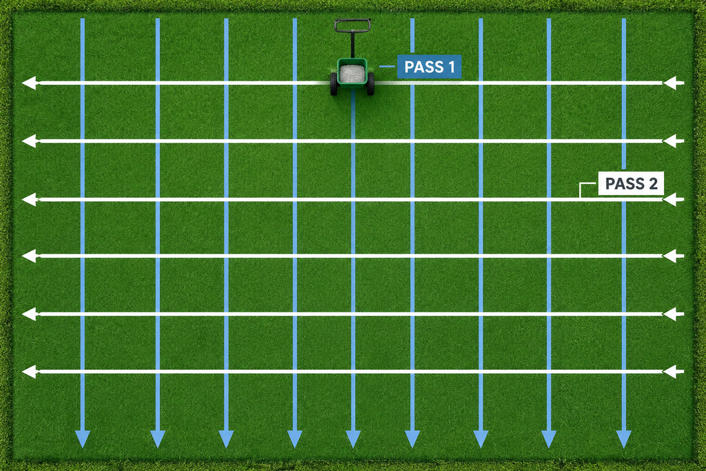 Two-direction spreader pattern for applying Bermuda grass fertilizer evenly