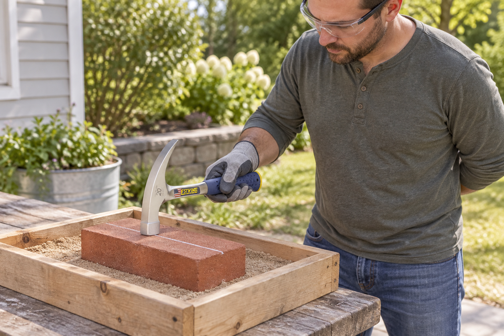 DIYer safely scoring a loose brick with the chisel edge of a bricklayer's hammer
