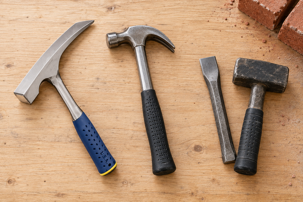 Bricklayer hammer compared with a claw hammer and separate masonry chisel