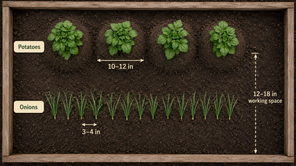 Layout for planting onions and potatoes in neighboring garden rows