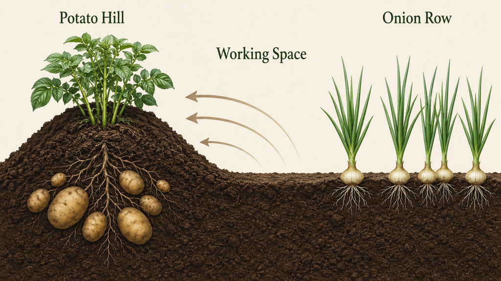 Potato hilling area separated from a shallow onion row