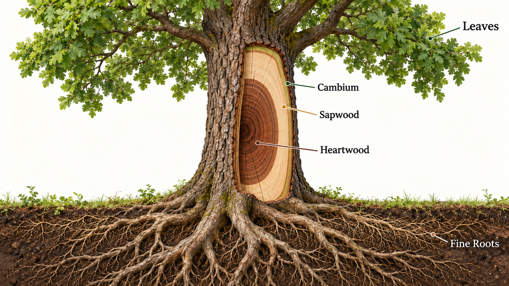 Cutaway diagram showing living tissues and older heartwood in a mature tree