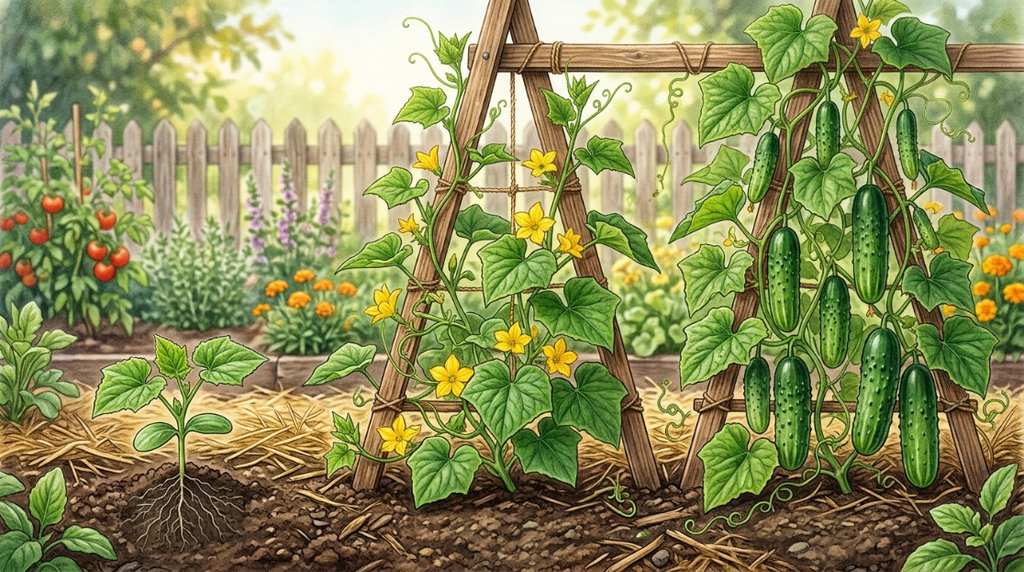 Cucumber growth stages from young seedling to flowering and fruiting plant