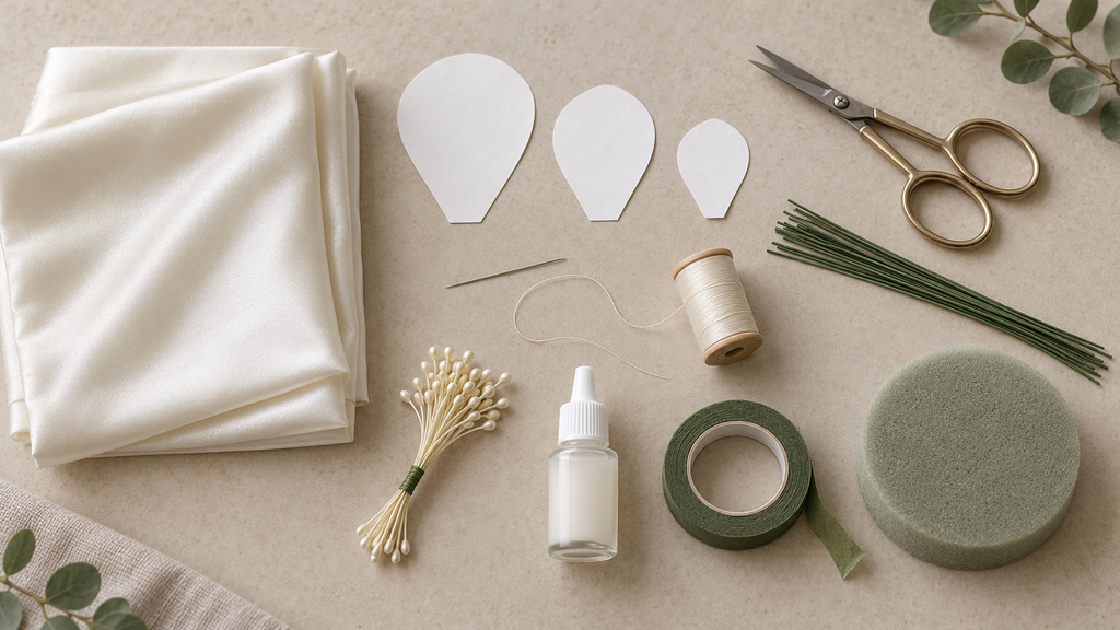 Silk flower-making supplies including fabric, petal templates, wire, and floral tape