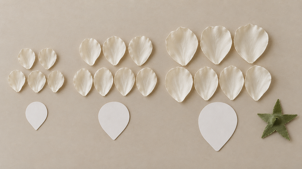 Graduated silk petal sizes prepared for a layered fabric flower