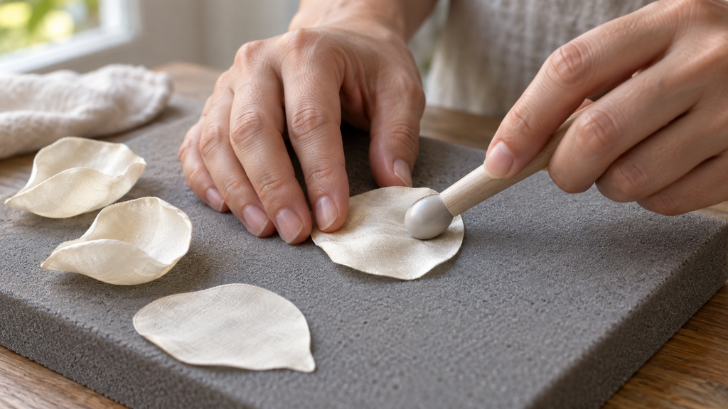 Shaping a silk flower petal into a gentle cup on a foam pad