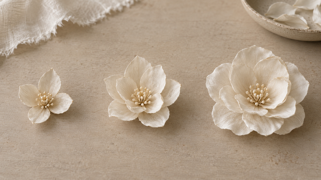 Three stages of layering silk petals around a flower center