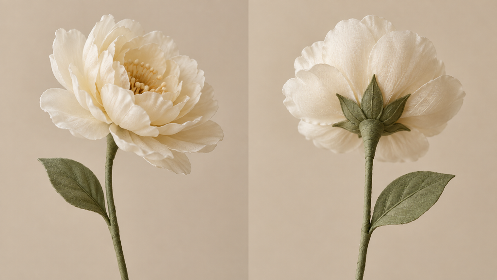 Finished silk flower with a fabric calyx and floral-tape-wrapped stem