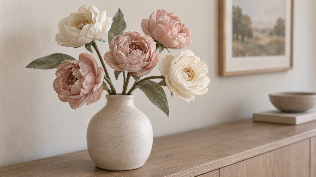 Handmade silk flowers arranged in a ceramic vase away from direct sunlight