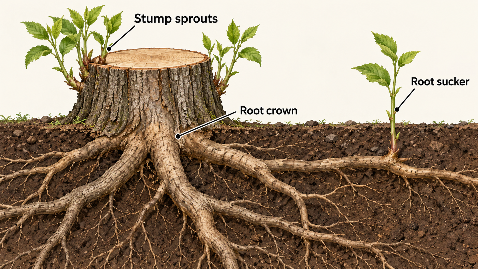 how stump sprouts and root suckers emerge from living tree tissue