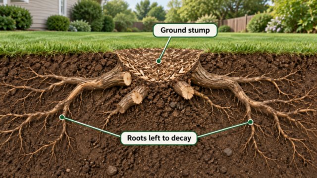 Stump grinding removes the central stump while lateral roots remain underground