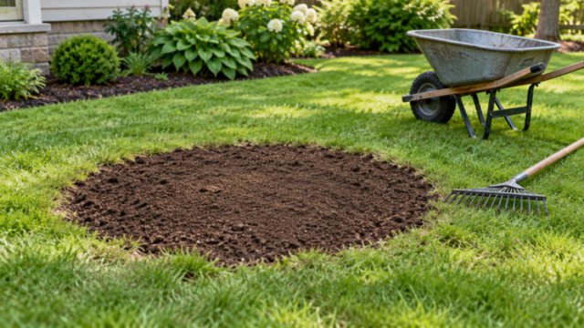Former stump area cleaned, backfilled with soil, and prepared for lawn repair