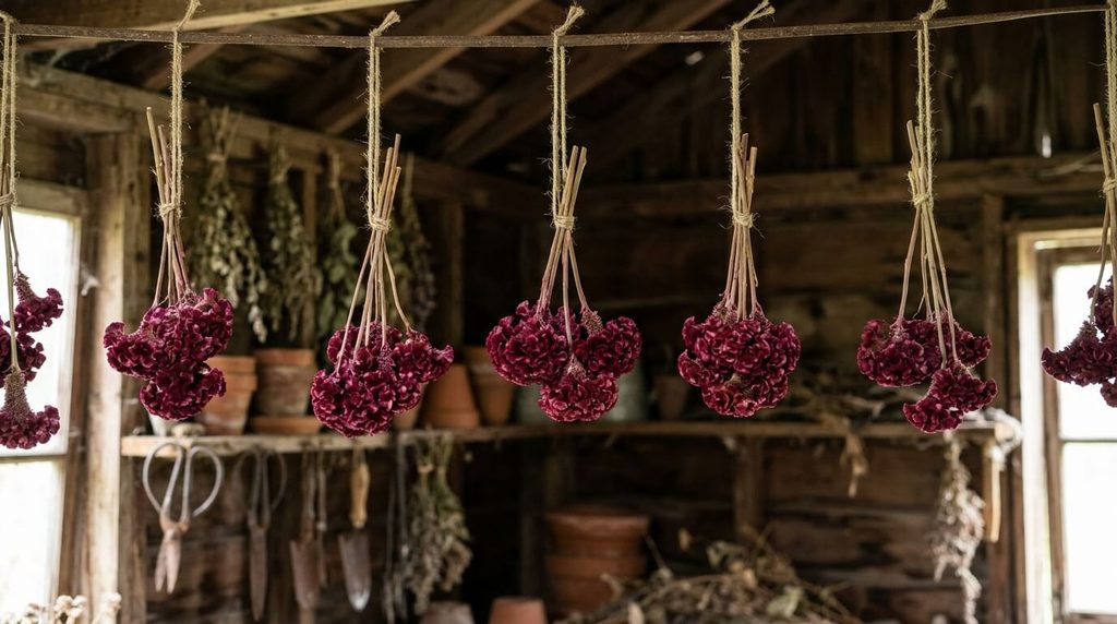 Burgundy celosia stems hanging upside down in small bunches to dry.