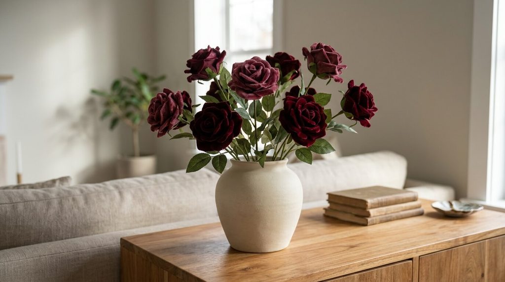 Burgundy artificial velvet roses in a cream vase on a wooden sideboard.