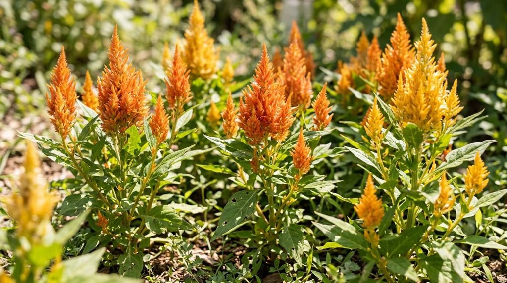 Orange and yellow plumed celosia with pointed feathery flower heads.