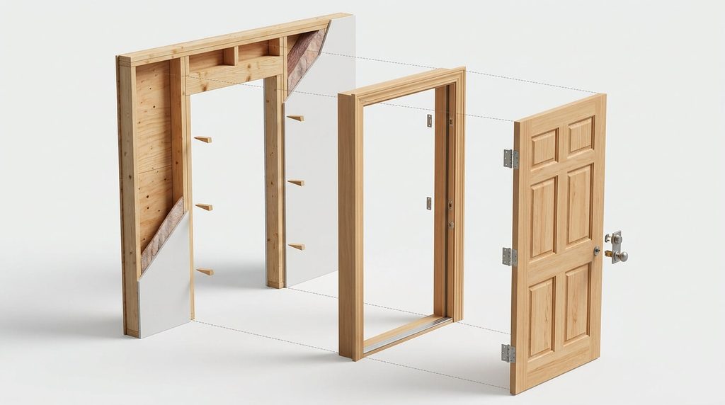Door slab, finished door frame, and rough wall opening shown as separate layers