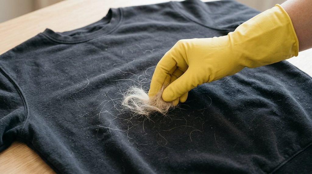 Clean rubber glove gathering dog hair from a dark sweatshirt.