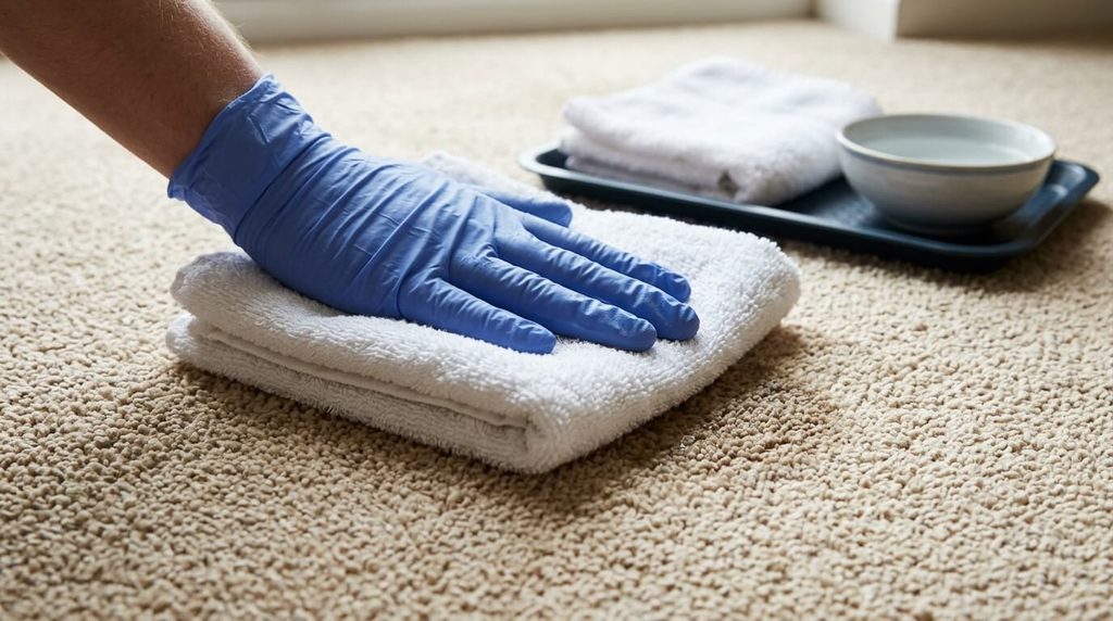White towel absorbing fresh pet urine from beige carpet.