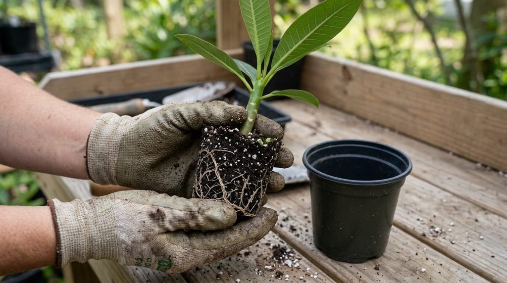 Young plumeria seedling being moved into a slightly larger pot.