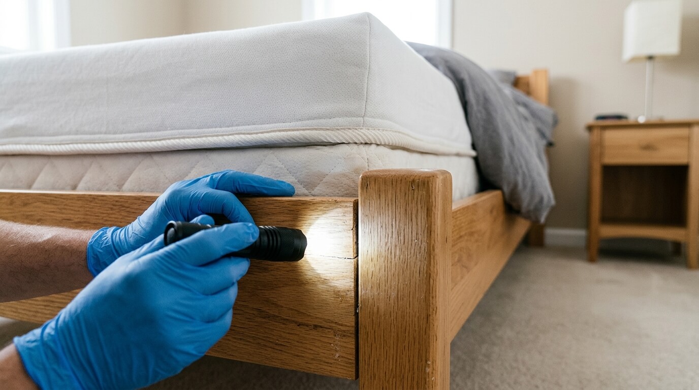 Checking a wooden bed-frame joint with a flashlight.