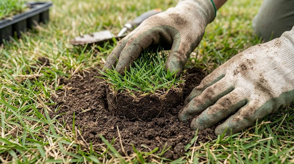 Zoysia plug being planted level with the surrounding soil.