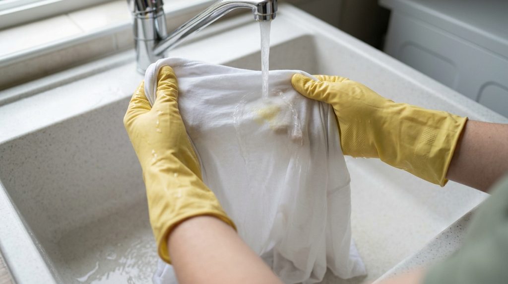 Rinsing a urine stain from the reverse side of a white cotton shirt.