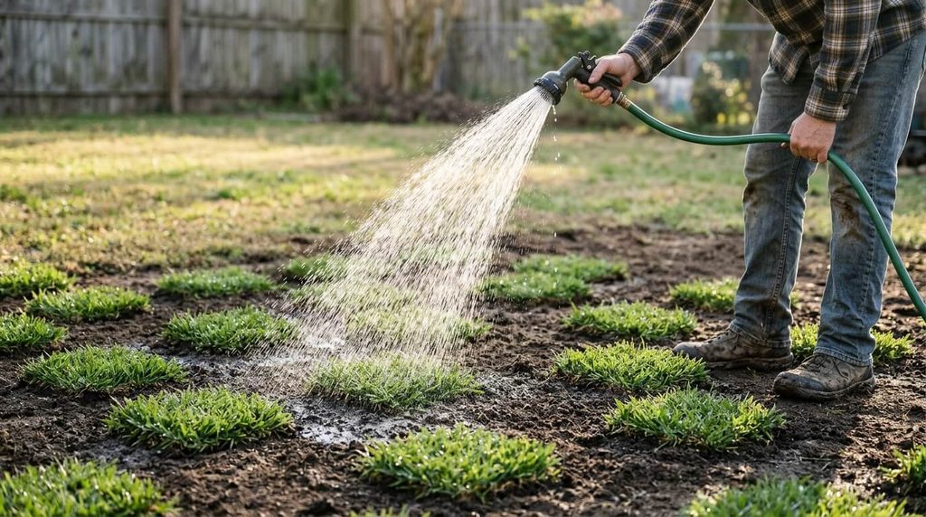 Gentle watering moistening new zoysia plugs and surrounding soil.