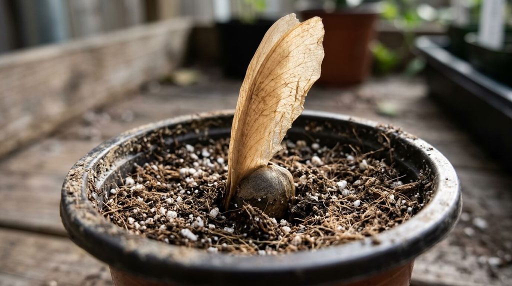Plumeria seed planted thick end down with its papery wing above the mix.