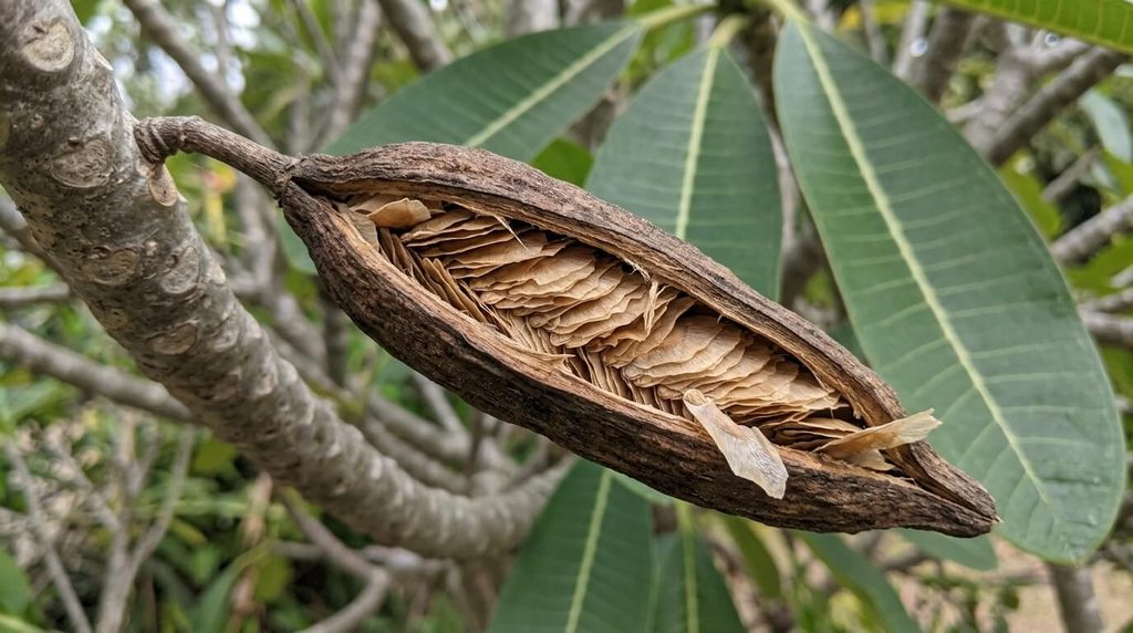 Mature plumeria pod splitting open to reveal winged seeds.