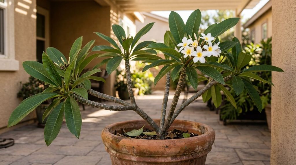 Established potted plumeria flowering after reaching maturity.
