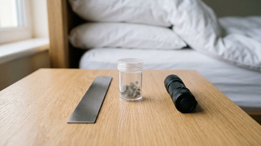 Closed specimen container and ruler for documenting a bedroom bug.