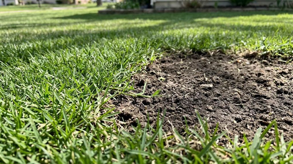 Actively growing zoysia beside a prepared lawn repair area.