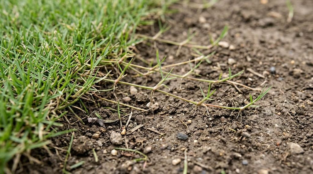 Zoysia runners extending from a healthy plug into nearby soil.